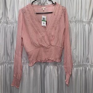 Elegant Pink Lace Trim Blouse Sz L NWT